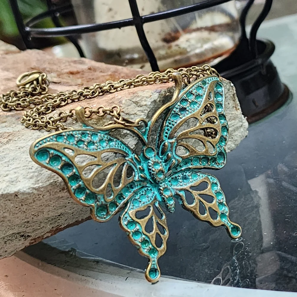 Anthro Insects Jewelry Antique Gold Bronze Butterfly Large Pendant